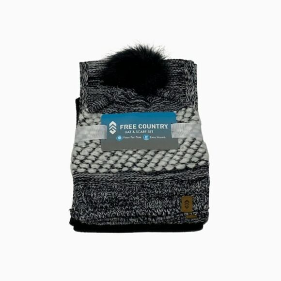 Knit Hat and Scarf Set NEW Black White 2 Pieces Winter Accessories NWT Pom Pom - Picture 2 of 5